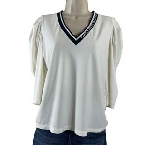 Karl Lagerfeld Women's Top Ivory‎ V Neck Logo 3/4 Sleeves Sporty Classic Size S